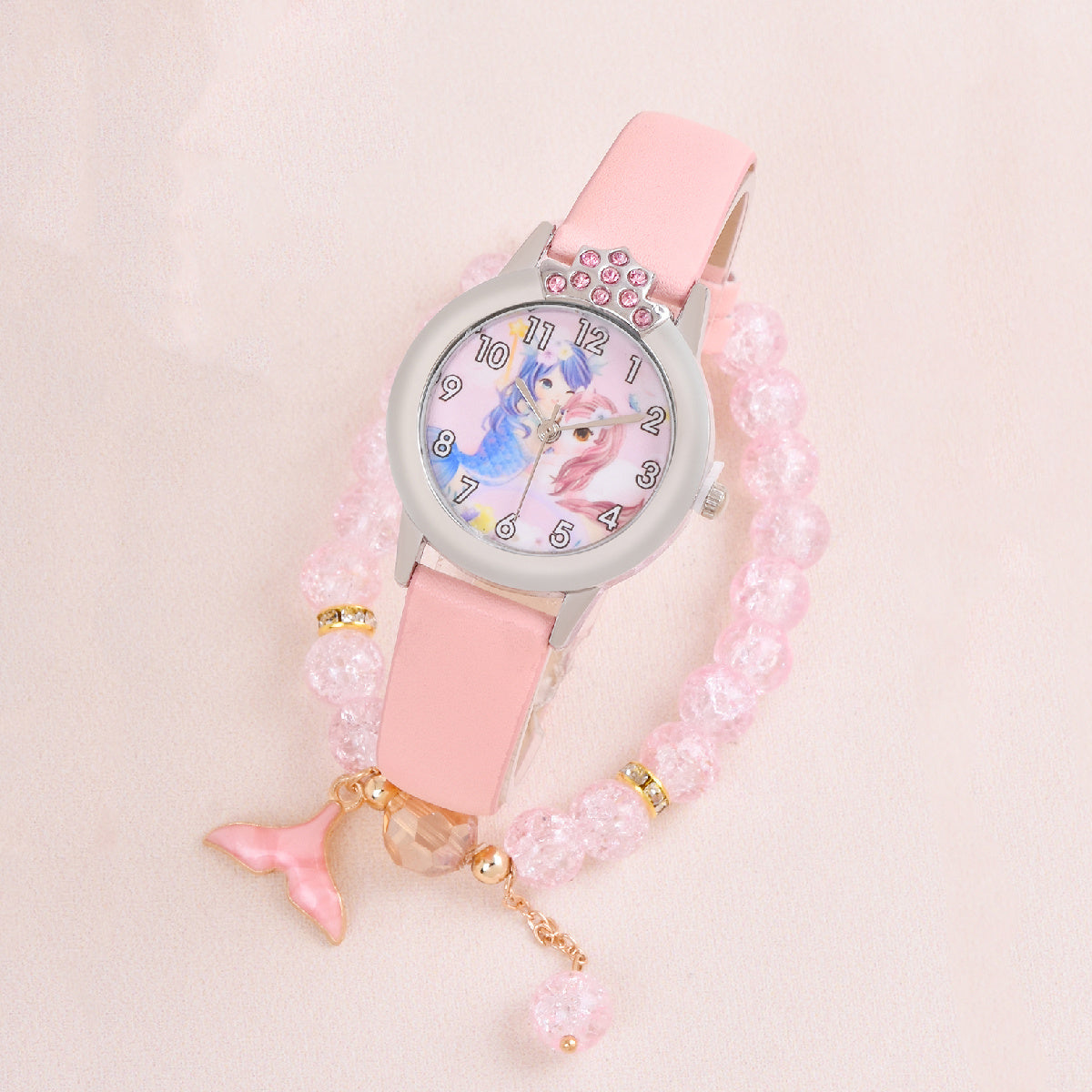 2pcs Mermaid Princess Quartz Watch Stretch Crystal Beaded Bracelet