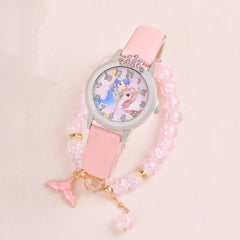 2pcs Mermaid Princess Quartz Watch Stretch Crystal Beaded Bracelet