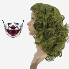 2pcs Green Curly Clown Wig & Mask Set Halloween Costume Props