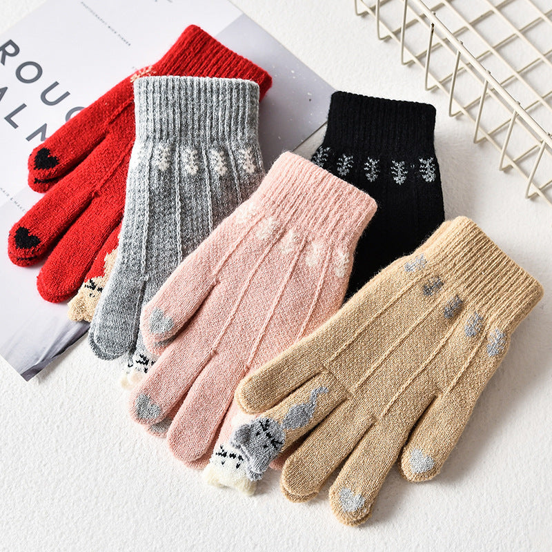 Unisex Knitted Finger Gloves Cat Jacquard Short Warm Winter Gloves