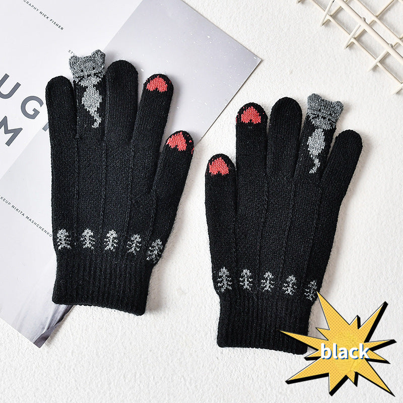 Unisex Knitted Finger Gloves Cat Jacquard Short Warm Winter Gloves
