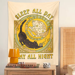 Psychedelic Sun Moon Cat Tarot Tapestry Retro Cat Wall Hanging