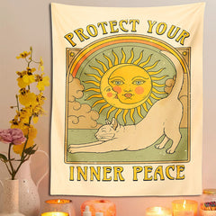 Psychedelic Sun Moon Cat Tarot Tapestry Retro Cat Wall Hanging