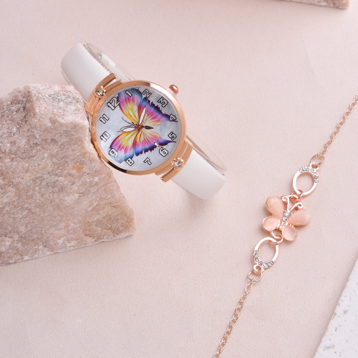 2pcs Butterfly Watch Set Small Fresh PU Belt Bracelet