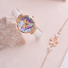 2pcs Butterfly Watch Set Small Fresh PU Belt Bracelet