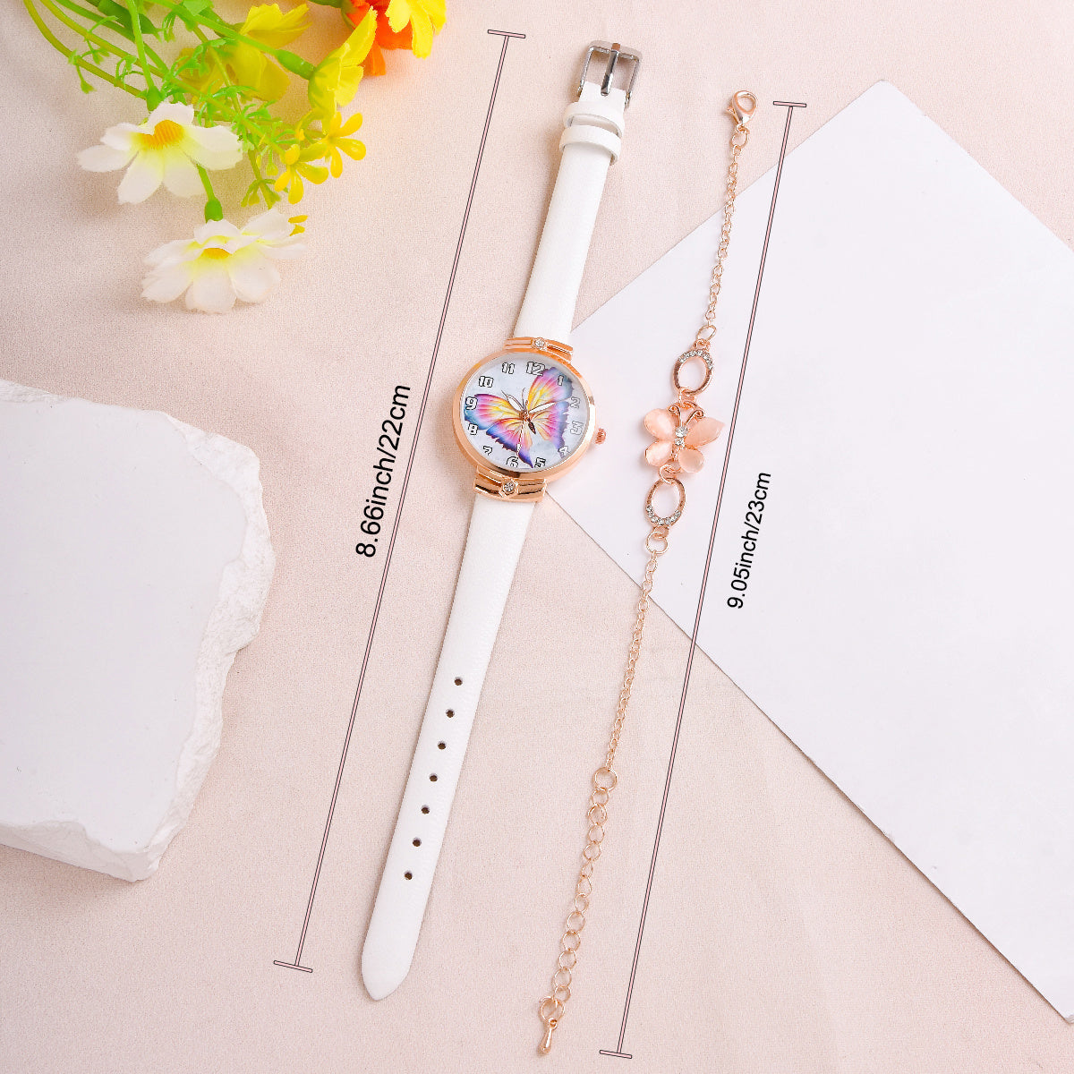 2pcs Butterfly Watch Set Small Fresh PU Belt Bracelet