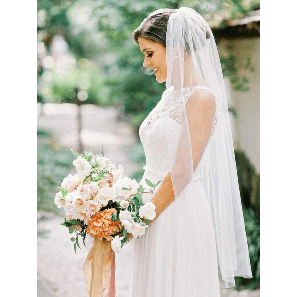 Long White Bridal Head Veil with Comb