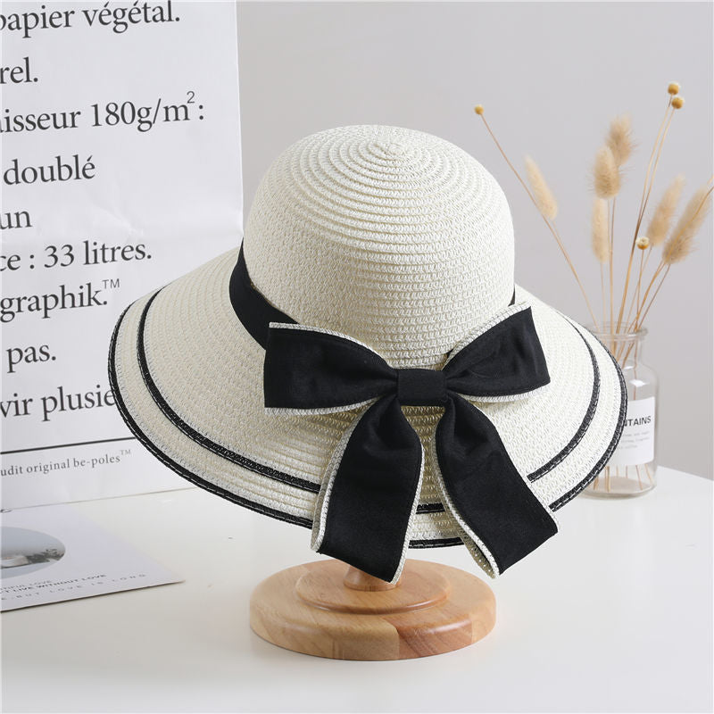 Bowknot Decor Sun Hat Wide Brim Straw Bucket Hat Summer Beach Hats