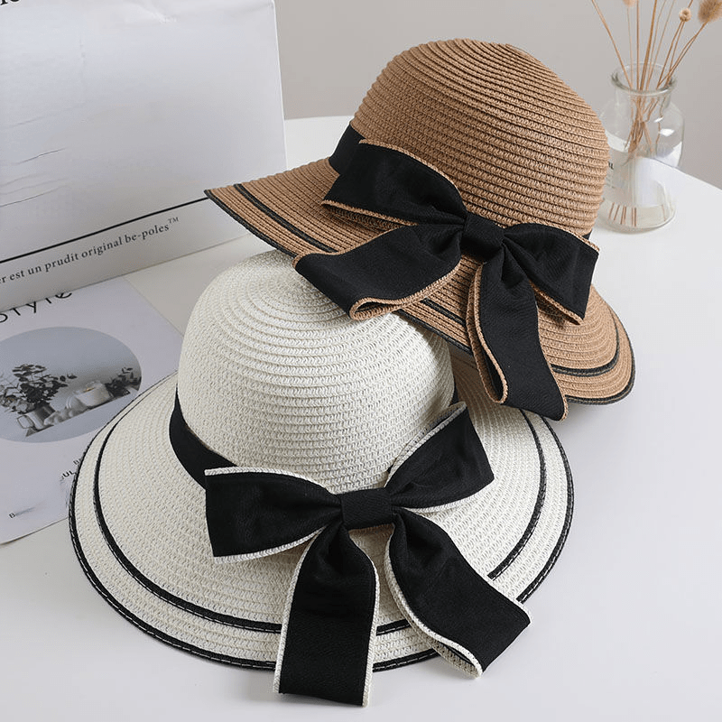 Bowknot Decor Sun Hat Wide Brim Straw Bucket Hat Summer Beach Hats