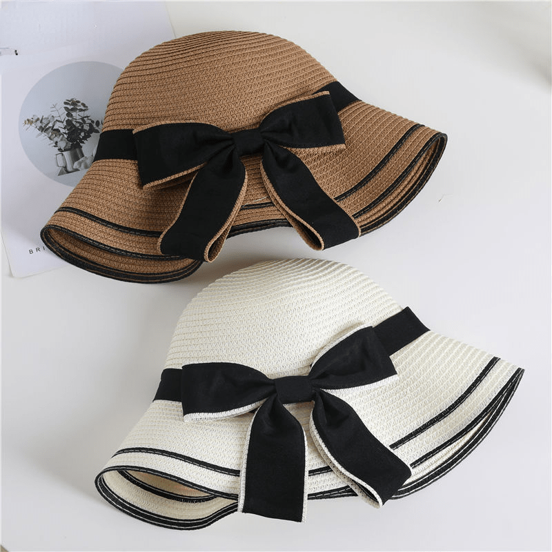 Bowknot Decor Sun Hat Wide Brim Straw Bucket Hat Summer Beach Hats
