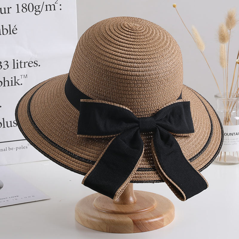 Bowknot Decor Sun Hat Wide Brim Straw Bucket Hat Summer Beach Hats