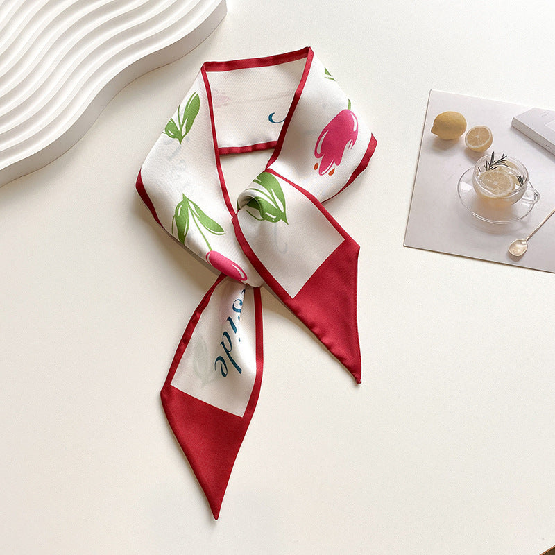 Silk Feeling Skinny Scarf Twill Satin Neckerchief Casual Hair Ribbon Scarf