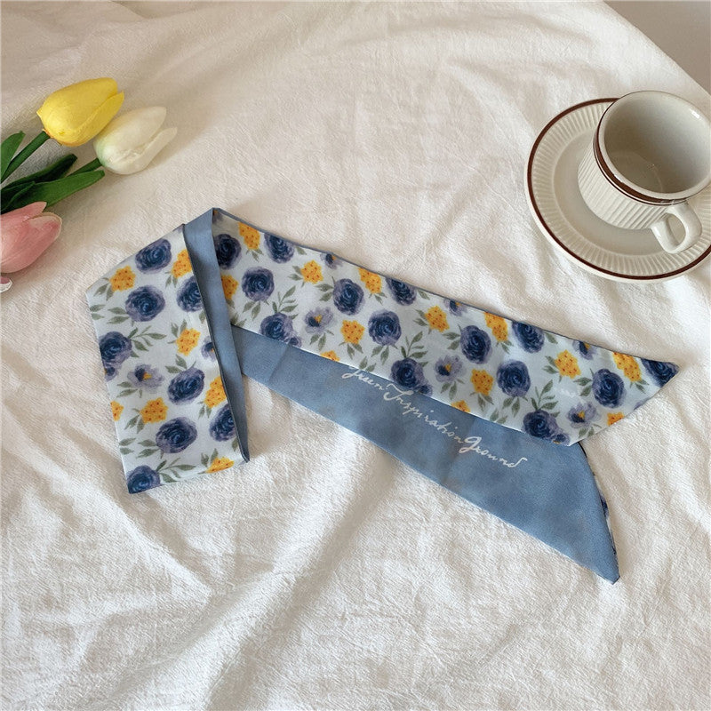 Floral Hairband Head Neckerchief Twill Satin Ribbon Scarf
