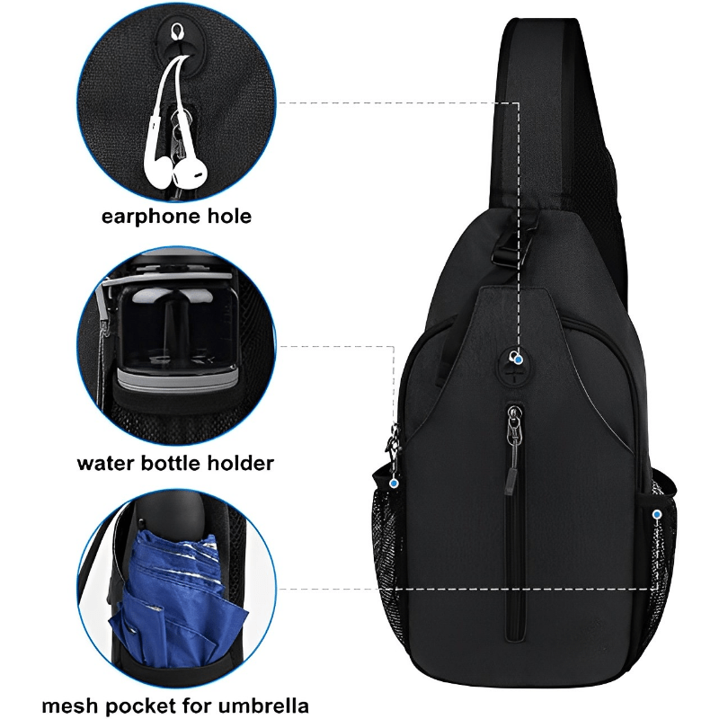 Men's Crossbody Bag with Earphone Hole & Bottle Pocket for Outdoor Sports
