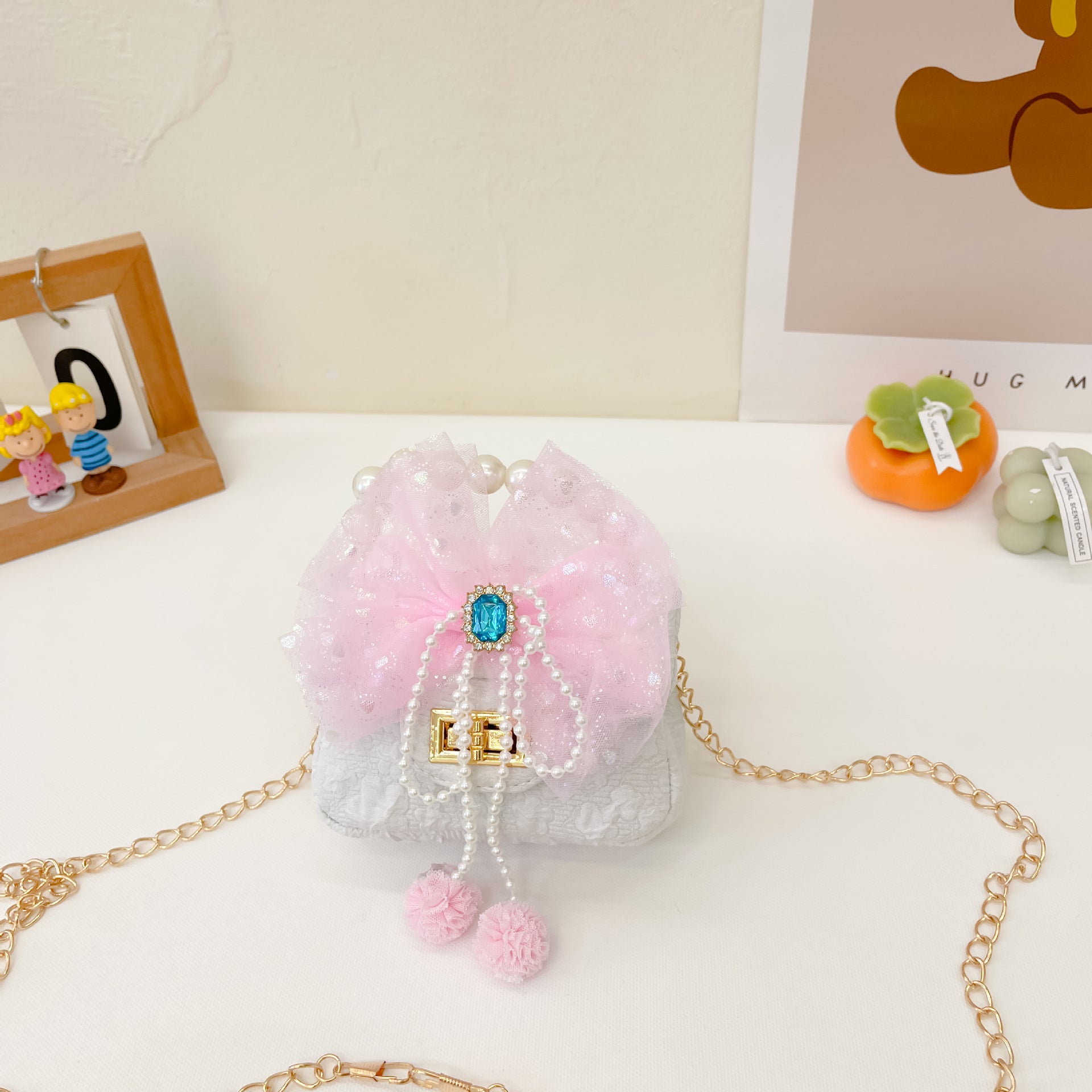 Kids Mini Bow Chain Crossbody Bag Faux Pearl Beaded Handbag