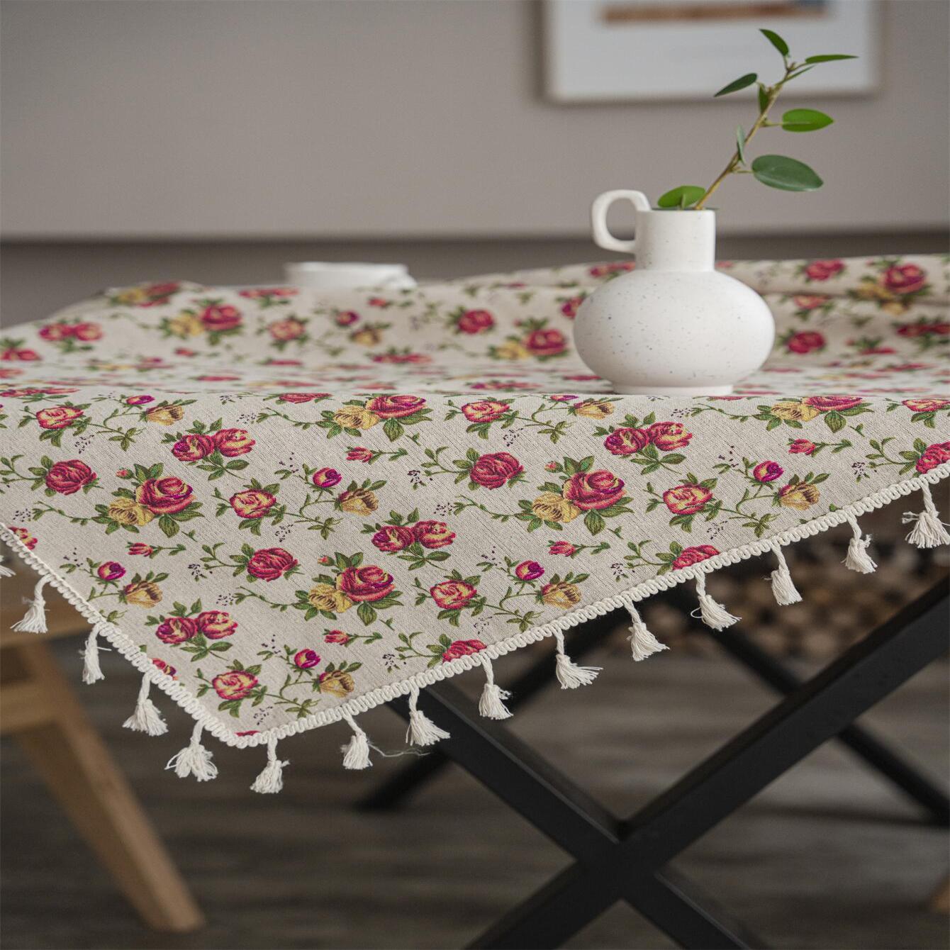 Beige Linen Tablecloth with Tassel, European Pastoral Small Floral Pattern