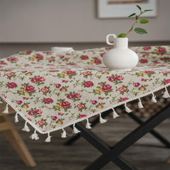 Beige Linen Tablecloth with Tassel, European Pastoral Small Floral Pattern