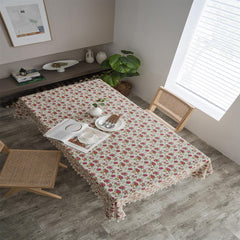Beige Linen Tablecloth with Tassel, European Pastoral Small Floral Pattern