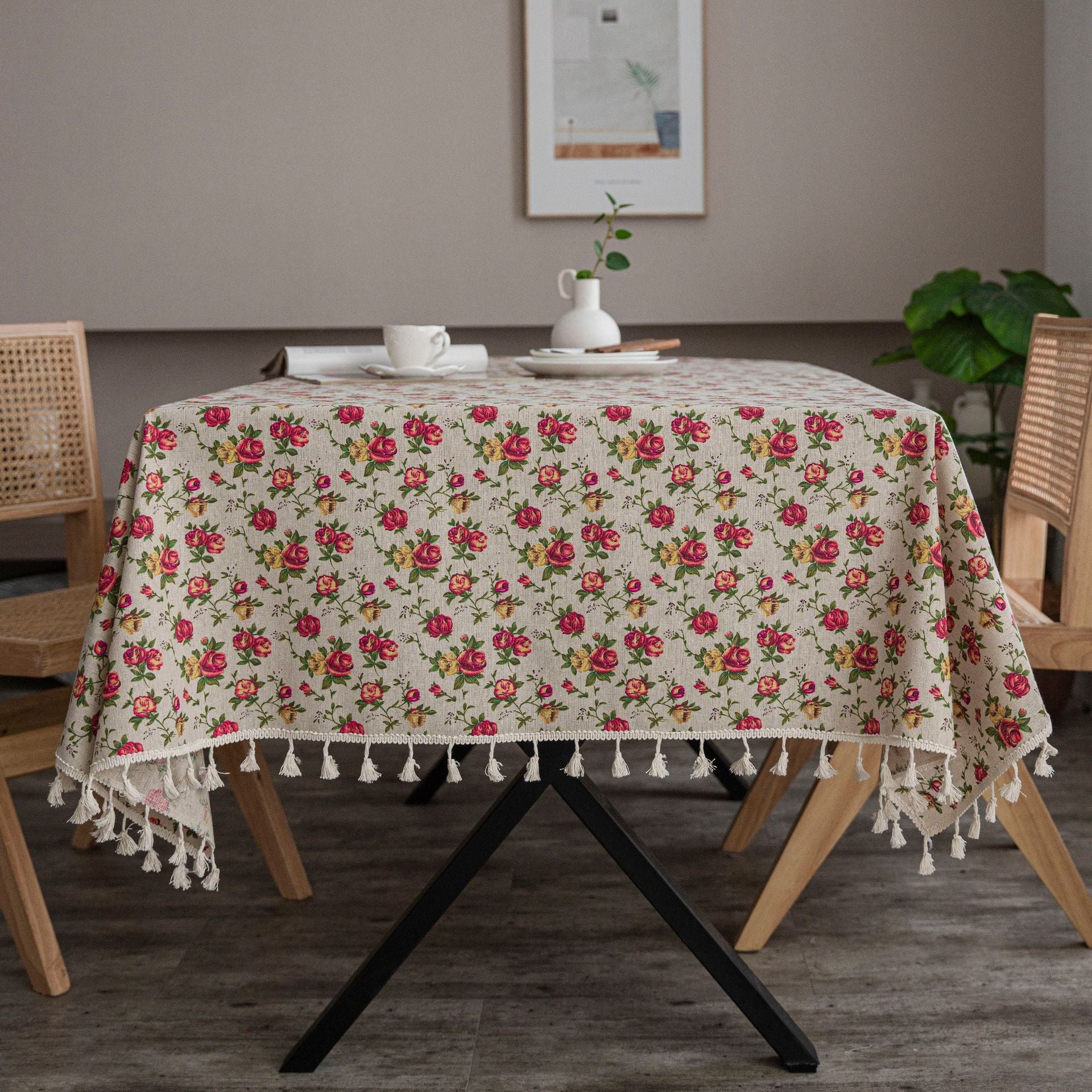 Beige Linen Tablecloth with Tassel, European Pastoral Small Floral Pattern
