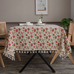 Beige Linen Tablecloth with Tassel, European Pastoral Small Floral Pattern