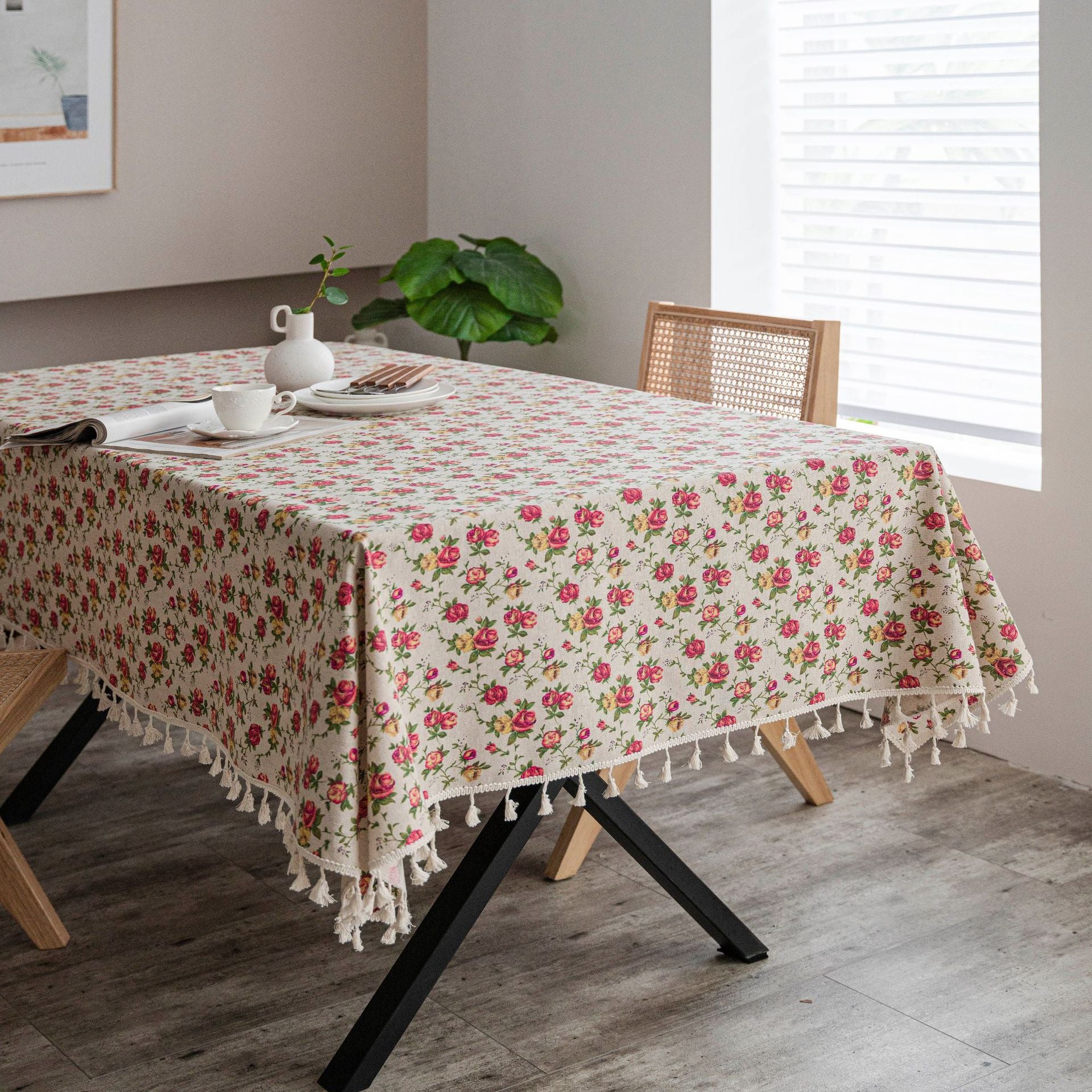 Beige Linen Tablecloth with Tassel, European Pastoral Small Floral Pattern