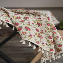 Beige Linen Tablecloth with Tassel, European Pastoral Small Floral Pattern