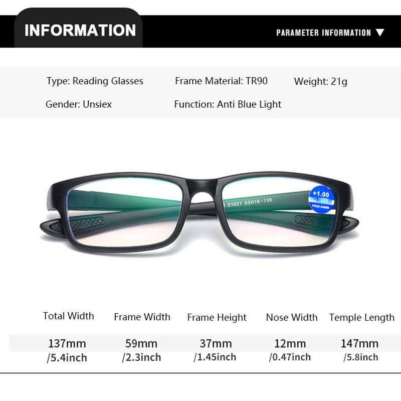 TR90 Reading Glasses Anti Light Hyperopia Eyeglasses