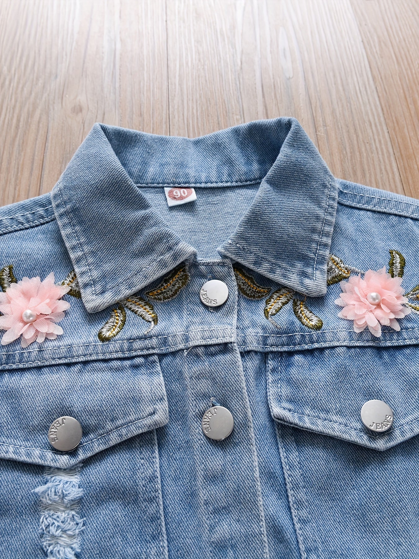 Girls' Flower Decor Denim Jacket Top