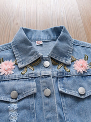 Girls' Flower Decor Denim Jacket Top