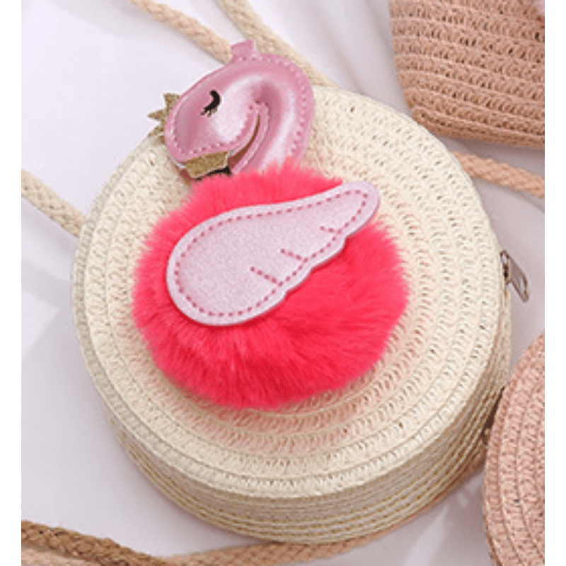 Flamingo Decor Straw Woven Crossbody Bag Mini Round Coin Purse