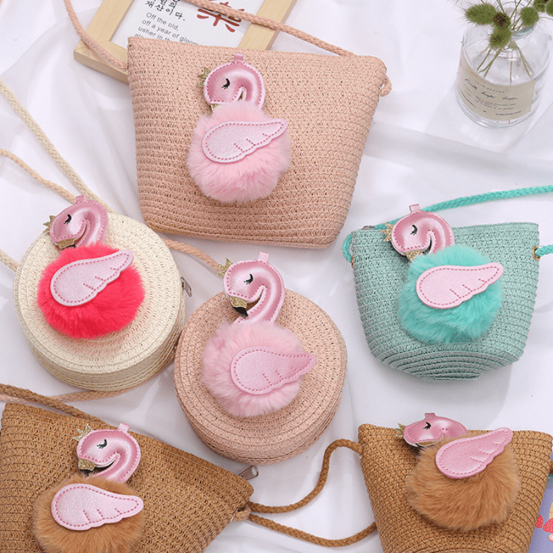 Flamingo Decor Straw Woven Crossbody Bag Mini Round Coin Purse