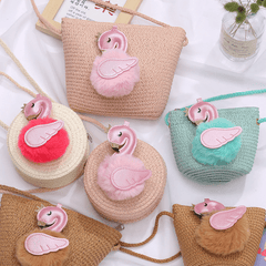 Flamingo Decor Straw Woven Crossbody Bag Mini Round Coin Purse