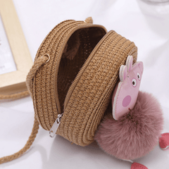 Flamingo Decor Straw Woven Crossbody Bag Mini Round Coin Purse