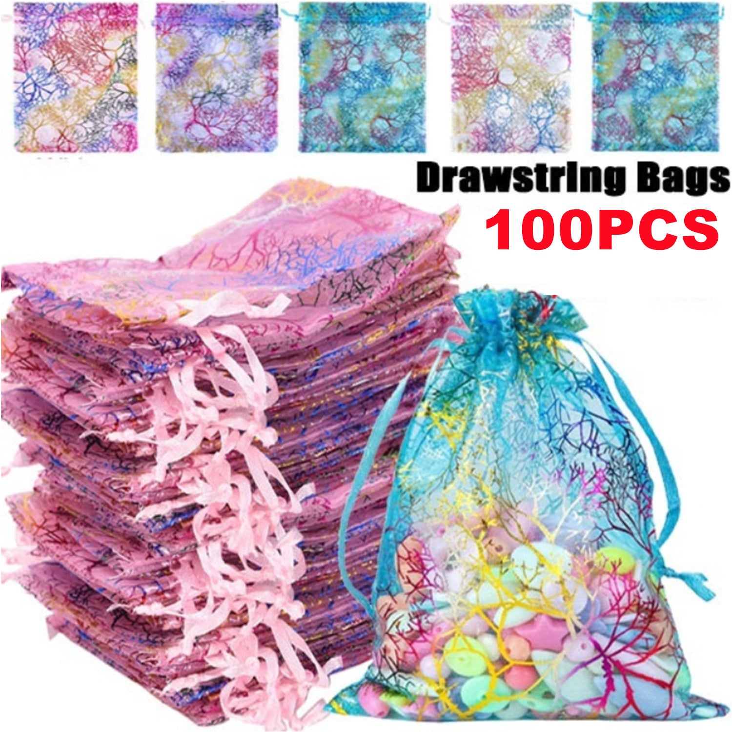 100 Colorful Organza Bags Wedding Favor Drawstring Gift Bags