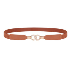 Vintage Double Ring Rhinestone Buckle Belt Brown Elastic Thin Waistband