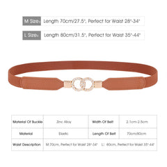 Vintage Double Ring Rhinestone Buckle Belt Brown Elastic Thin Waistband