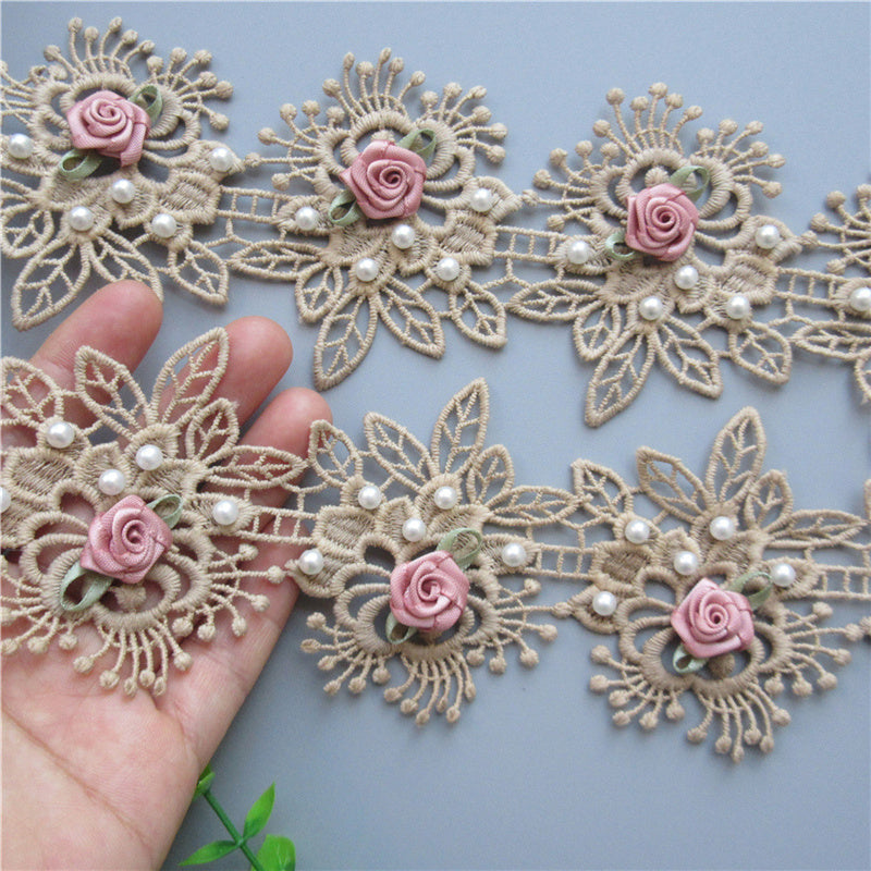 Faux Pearl Flower Lace Trim Embroidered Ribbon Fabric Sewing Craft 1 Yard