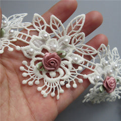 Faux Pearl Flower Lace Trim Embroidered Ribbon Fabric Sewing Craft 1 Yard