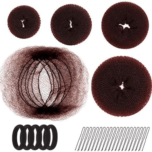 Hair Bun Shaper Set with 20 Hair Nets, 4 Donut Bun Makers, 5 Elastic Bands