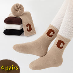 4 Pairs Kids' Thick Fleece Warm Socks, 'C' Print for Autumn Winter