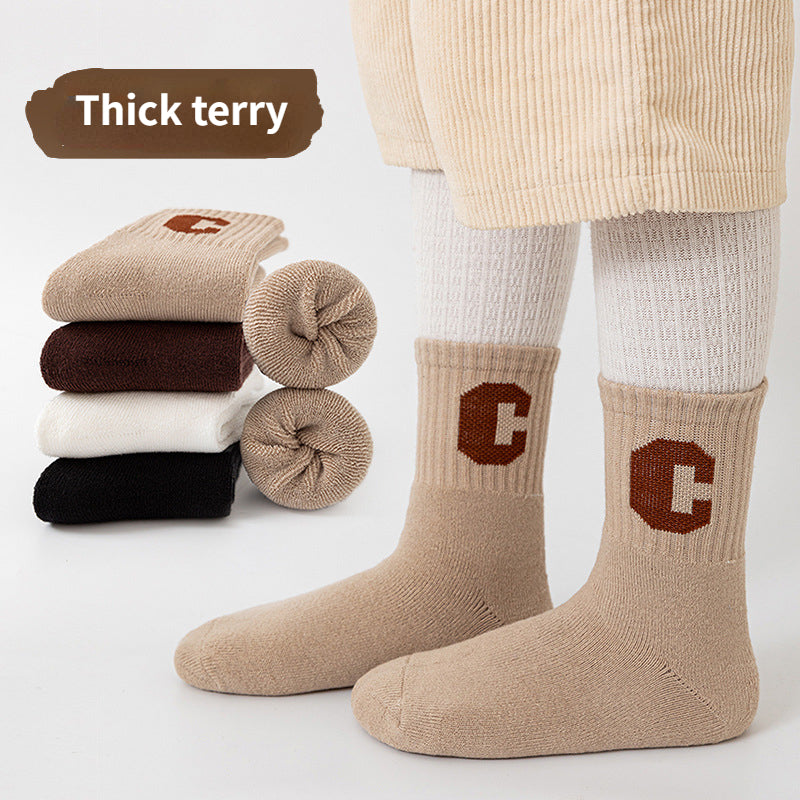 4 Pairs Kids' Thick Fleece Warm Socks, 'C' Print for Autumn Winter
