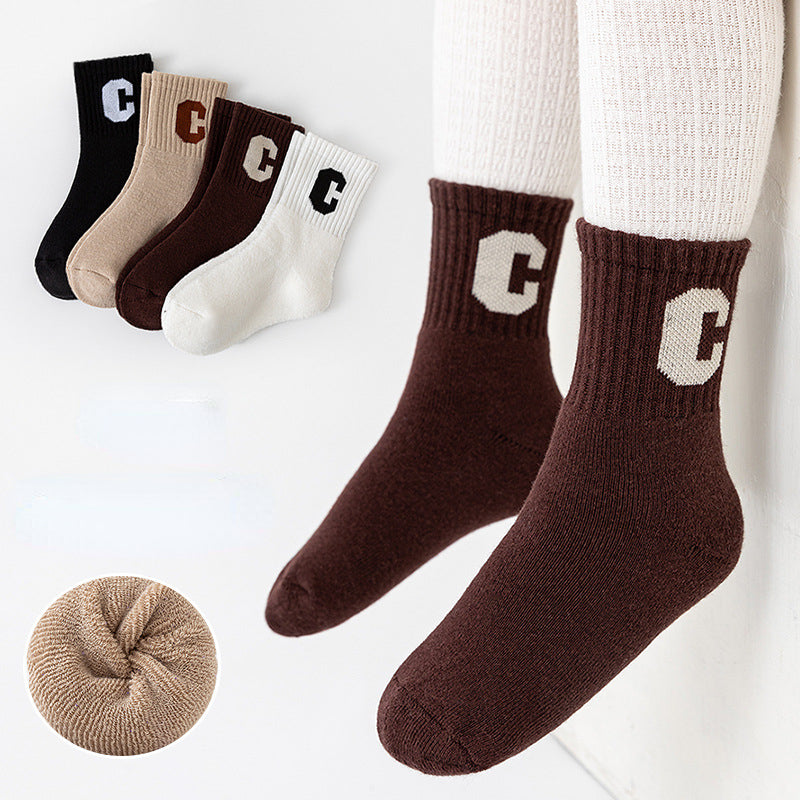 4 Pairs Kids' Thick Fleece Warm Socks, 'C' Print for Autumn Winter