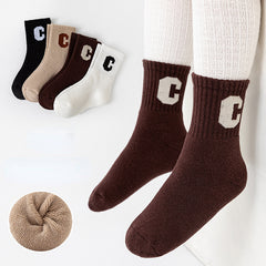 4 Pairs Kids' Thick Fleece Warm Socks, 'C' Print for Autumn Winter