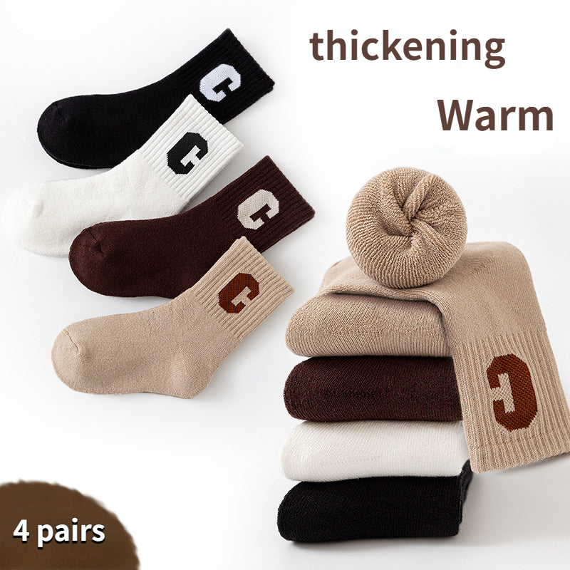 4 Pairs Kids' Thick Fleece Warm Socks, 'C' Print for Autumn Winter
