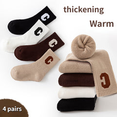 4 Pairs Kids' Thick Fleece Warm Socks, 'C' Print for Autumn Winter