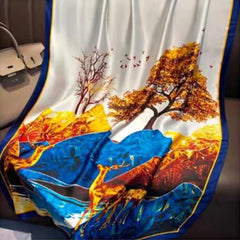 Brown Deer Print Scarf Classic Silk Shawl Vintage Block Satin Head Wraps