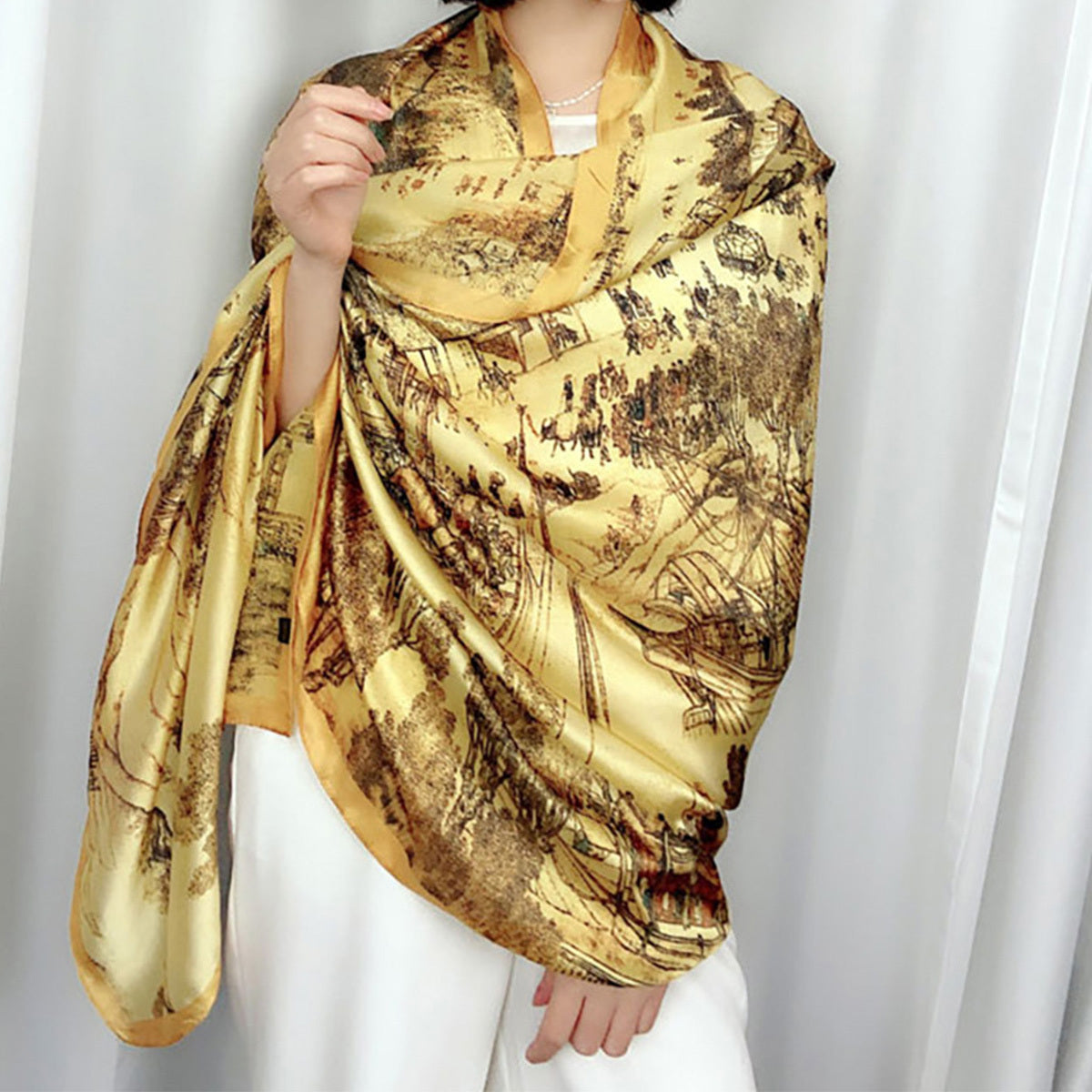 Printed Silk Long Scarf Sunscreen Beach Wrap for Women