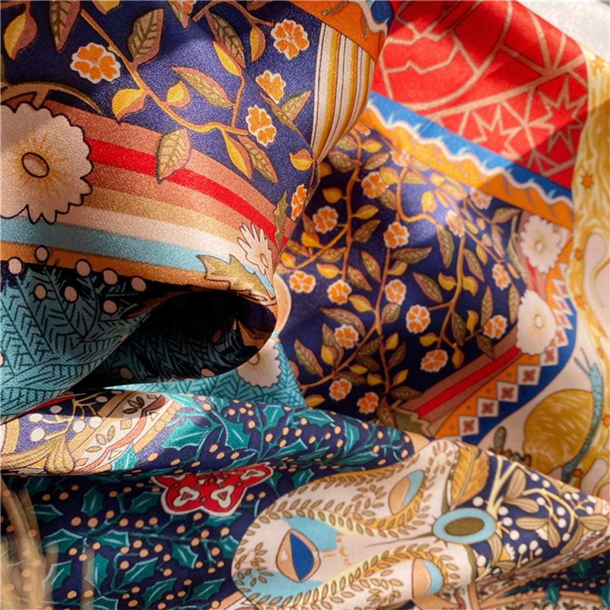 Boho Tree Print Scarf Classic Silk Shawl Red Block Satin Head Wraps
