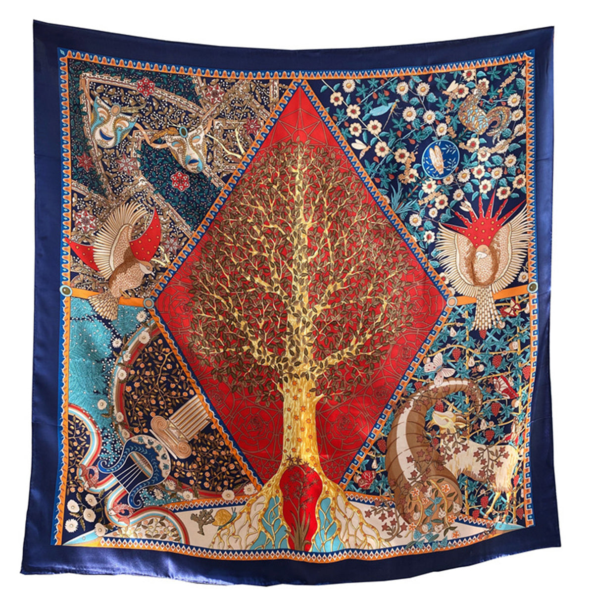 Boho Tree Print Scarf Classic Silk Shawl Red Block Satin Head Wraps