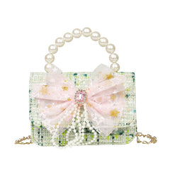 Kids Bow Decor Chain Crossbody Bag Faux Pearl Handbag Small Shoulder Bag